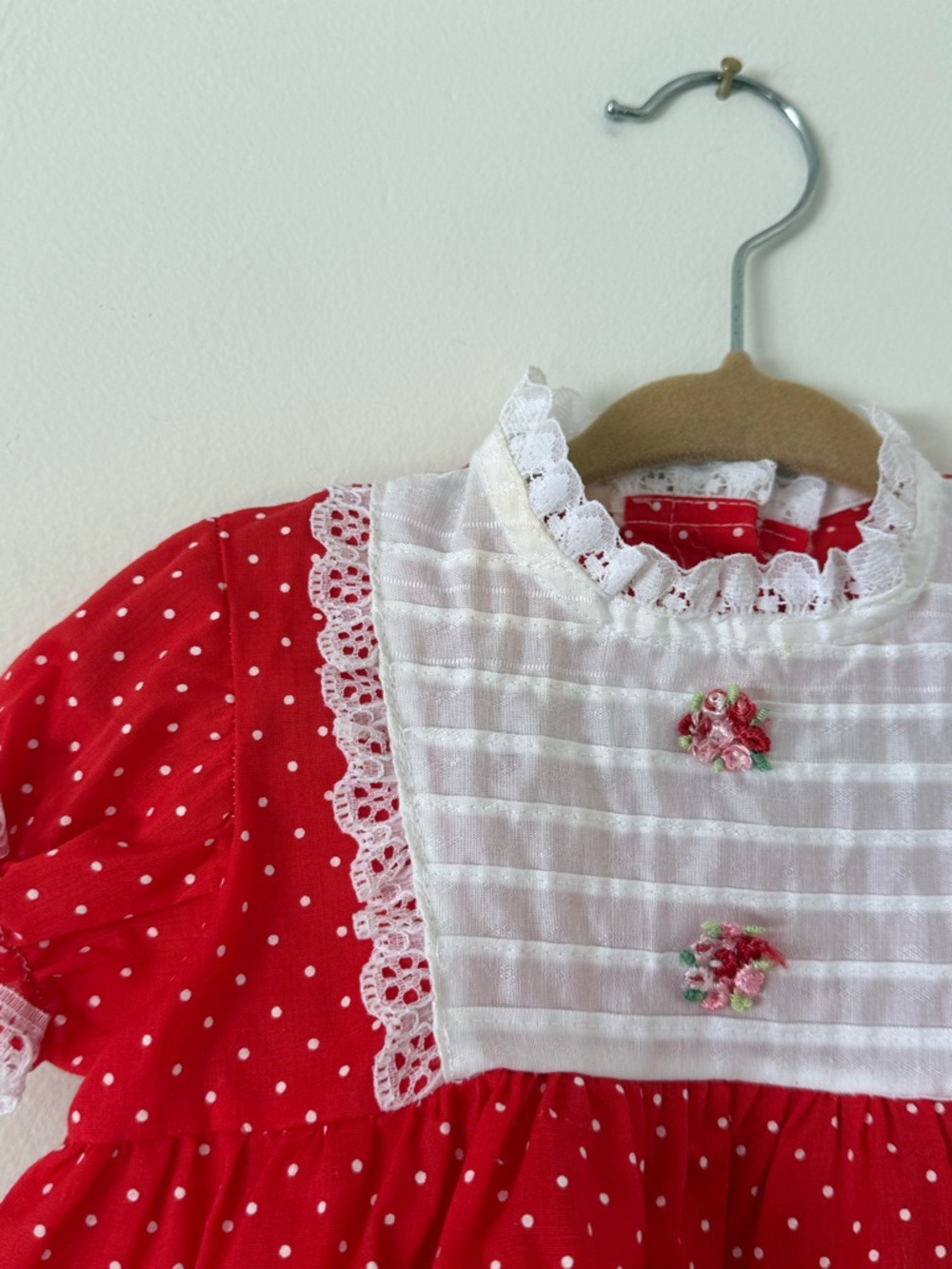 Vintage Baby Girl 9m Baby Doll Red & White Polka Dot Dress Lace Teired Ruffle - Picture 5 of 8